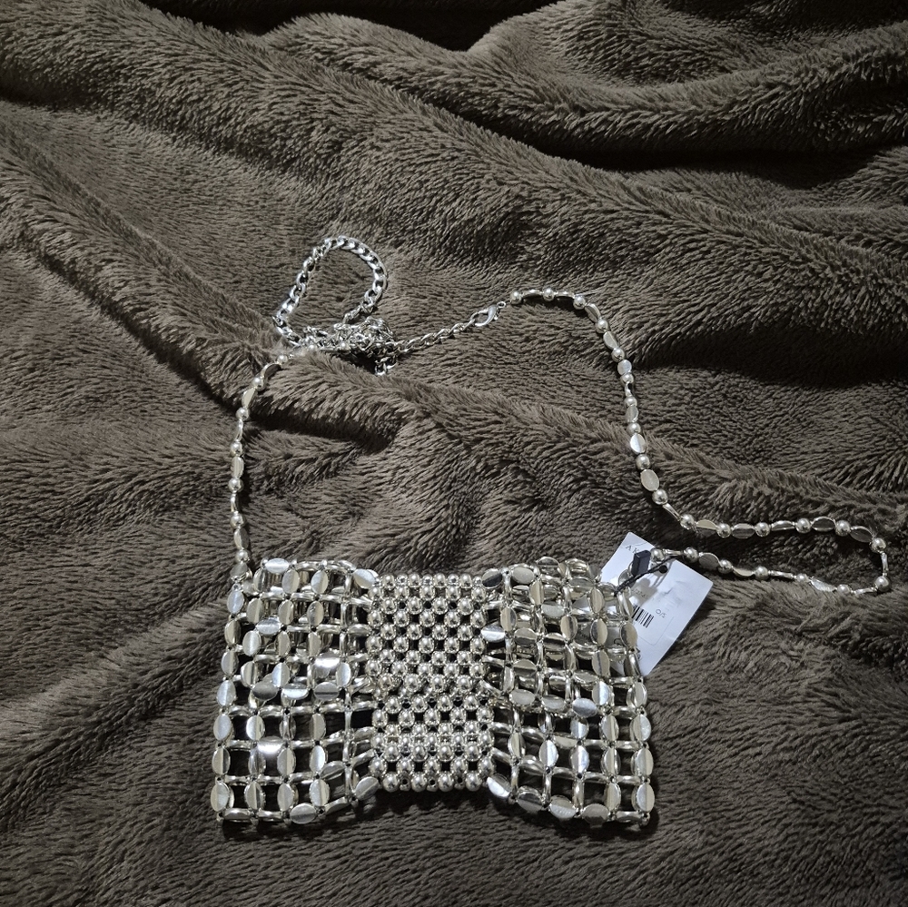 Akira Silver Beaded Clutch w/Chain Strap